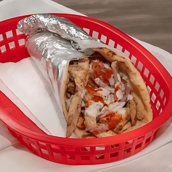 Halal Bros chicken shawarma in a red basket, partially wrapped in foil, with white and red sauce.