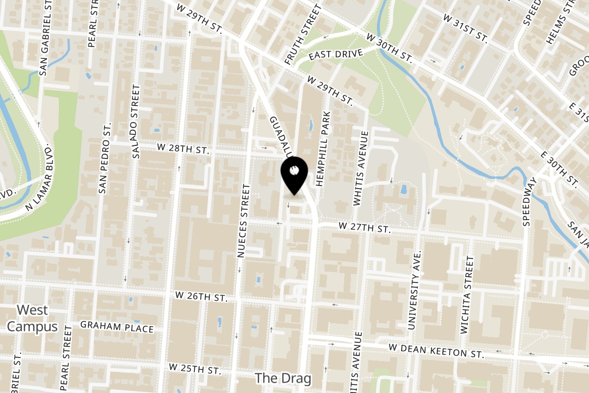 Map showing the location of Halal Bros Guadalupe Street on 2712 Guadalupe St in Austin